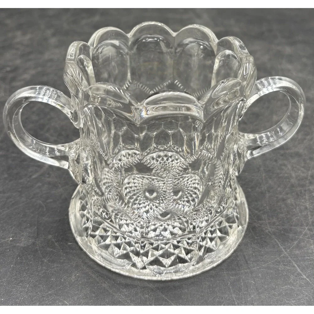 Vtg Rare Pressed Glass Scalloped Sugar Bowl Honeycomb Diamond Pattern 4